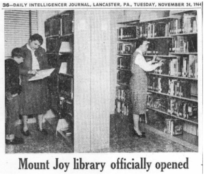 Newspaper picture that says the Mount Joy Library is officially opened